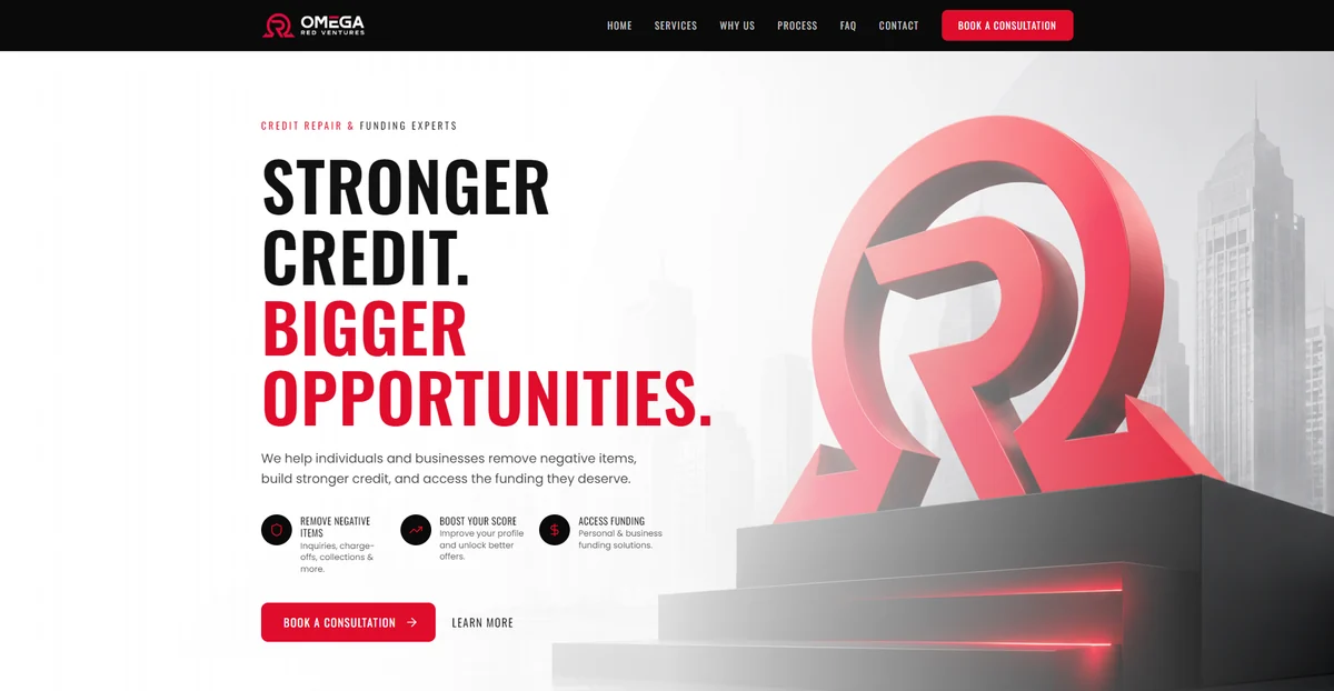 The Omega Red Ventures website, headlined “Stronger credit. Bigger opportunities.”